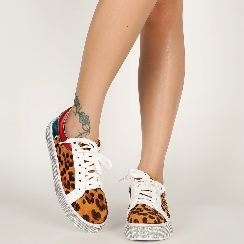 Pazzle Leopard Rhinestone Encrusted LaceUp Sneaker